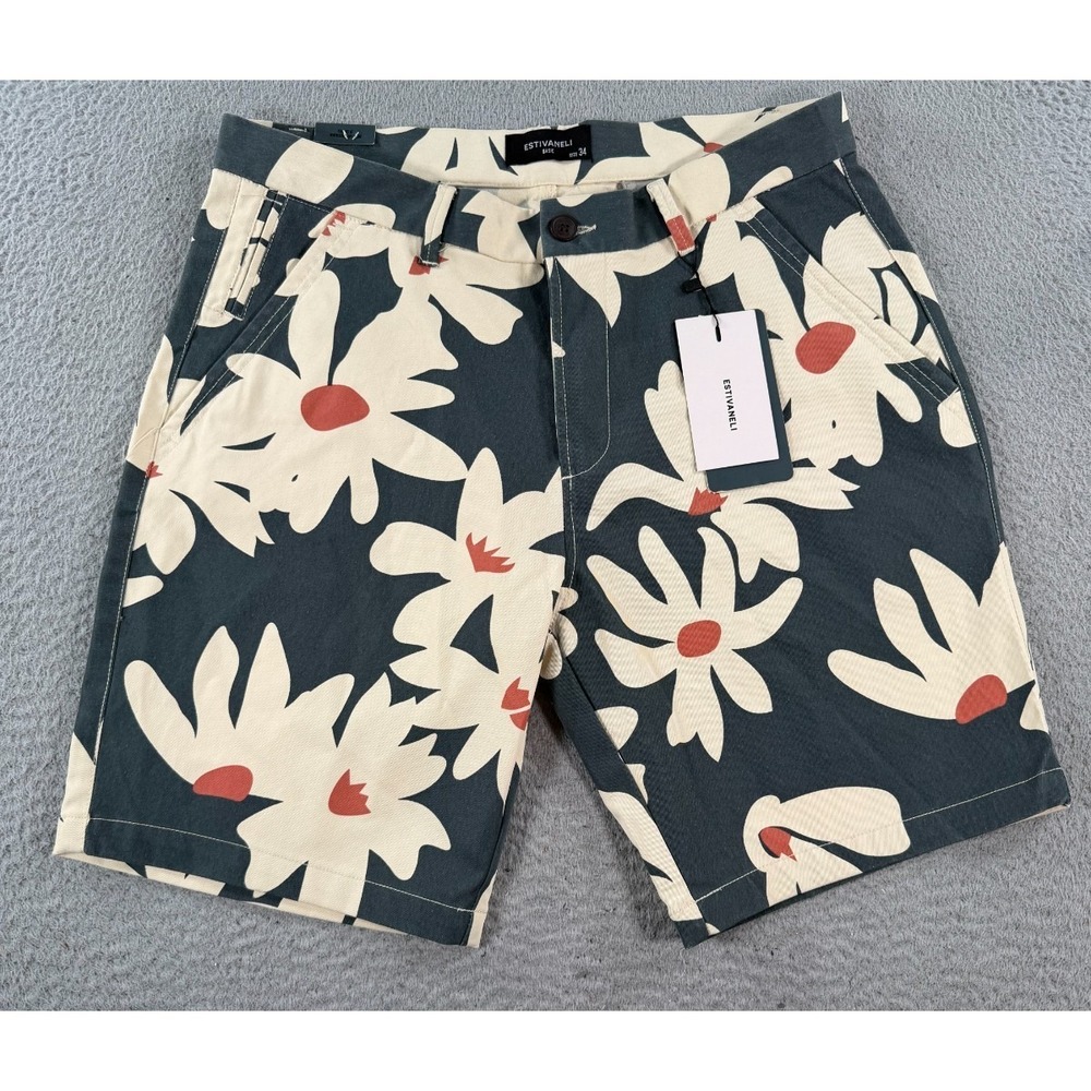 Estivaneli Shorts Men's 32 Green Floral Chino Summer Surf‎ Resort Beach Stretch